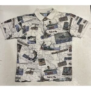 Hook & Tackle Polo Shirt Vintage Fish‎ All Over Print Fisherman Mens XL Deep Sea
